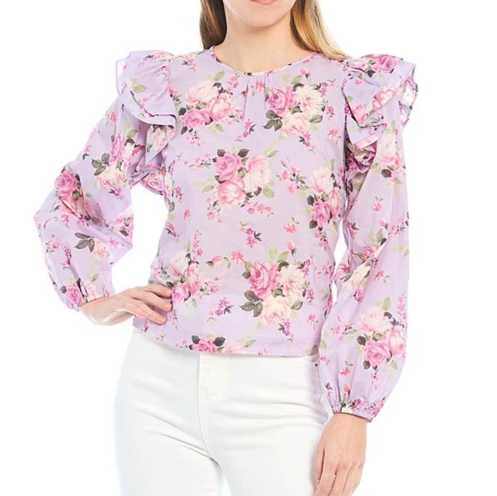 Chelsea and Violet Watercolor Floral Print Balloon Sleeve Ruffle Top